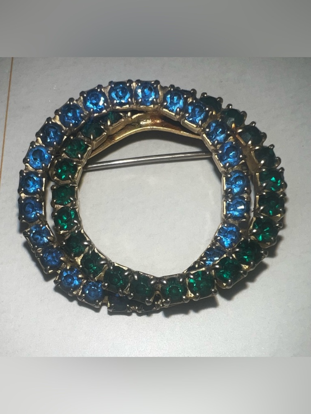 Vintage-Inspired Blue and Green Crystal Circle Brooch - Unbranded